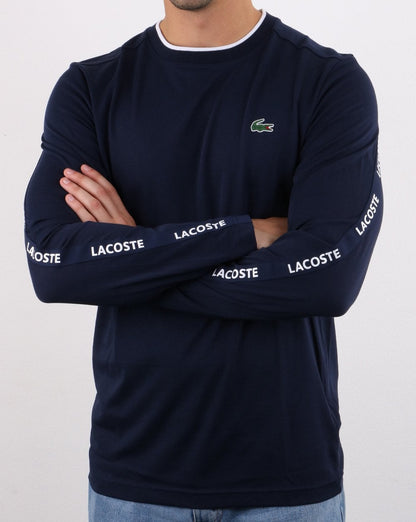 Lacoste – Langarm-T-Shirt mit Taping, Marineblau/Weiß