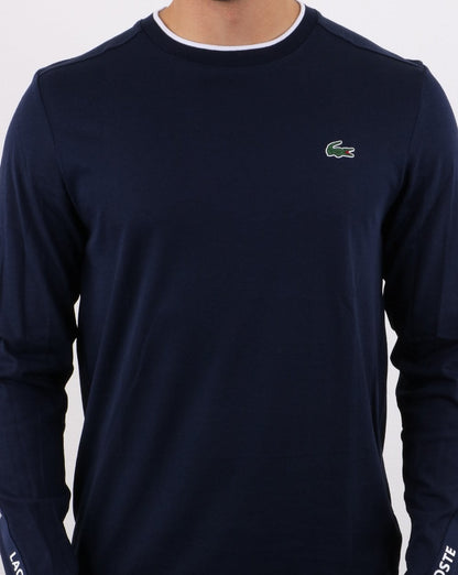 Lacoste – Langarm-T-Shirt mit Taping, Marineblau/Weiß