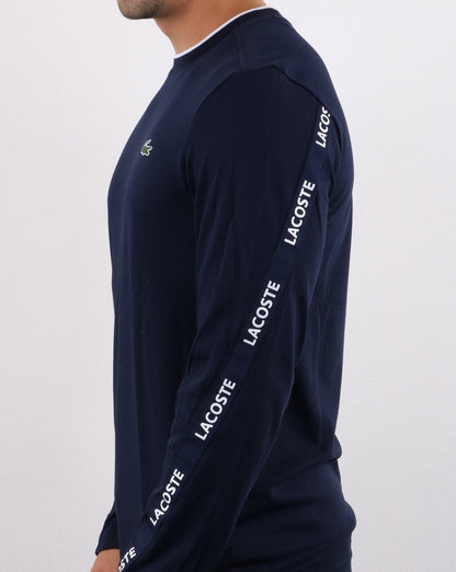 Lacoste – Langarm-T-Shirt mit Taping, Marineblau/Weiß