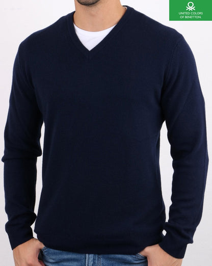 Benetton Merinopullover mit V-Ausschnitt in Marineblau