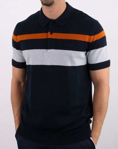 Ben Sherman – Strick-Poloshirt mit Bruststreifen in Dunkelmarineblau