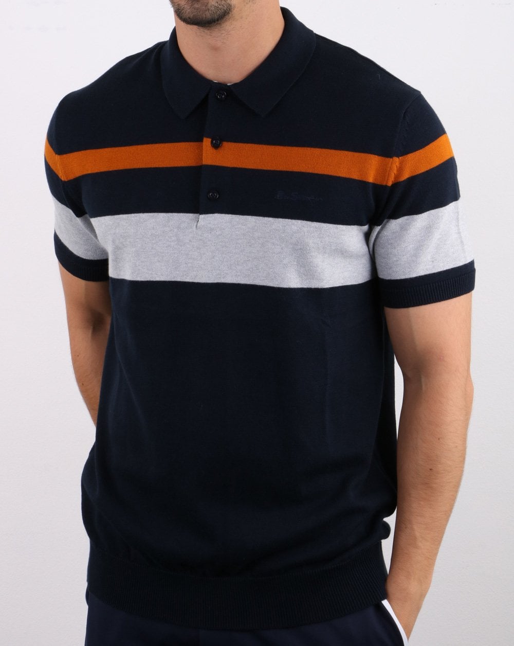 Ben Sherman – Strick-Poloshirt mit Bruststreifen in Dunkelmarineblau