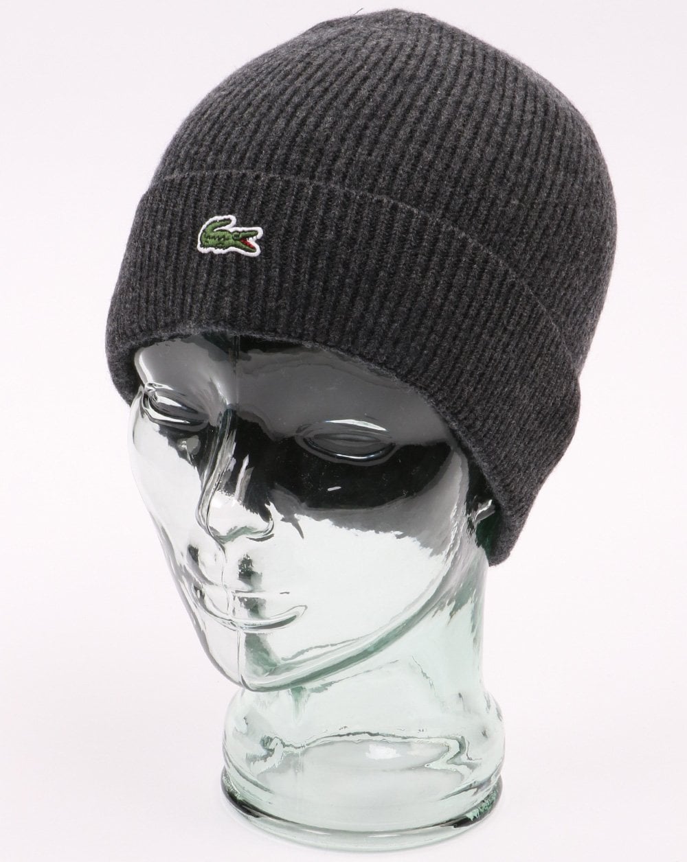 Lacoste Turn Up Gerippte Wollmütze Dunkelgrau