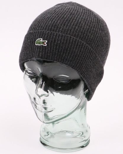 Lacoste Turn Up Gerippte Wollmütze Dunkelgrau
