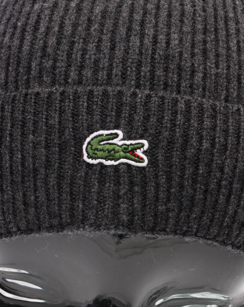 Lacoste Turn Up Gerippte Wollmütze Dunkelgrau