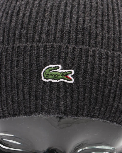 Lacoste Turn Up Gerippte Wollmütze Dunkelgrau