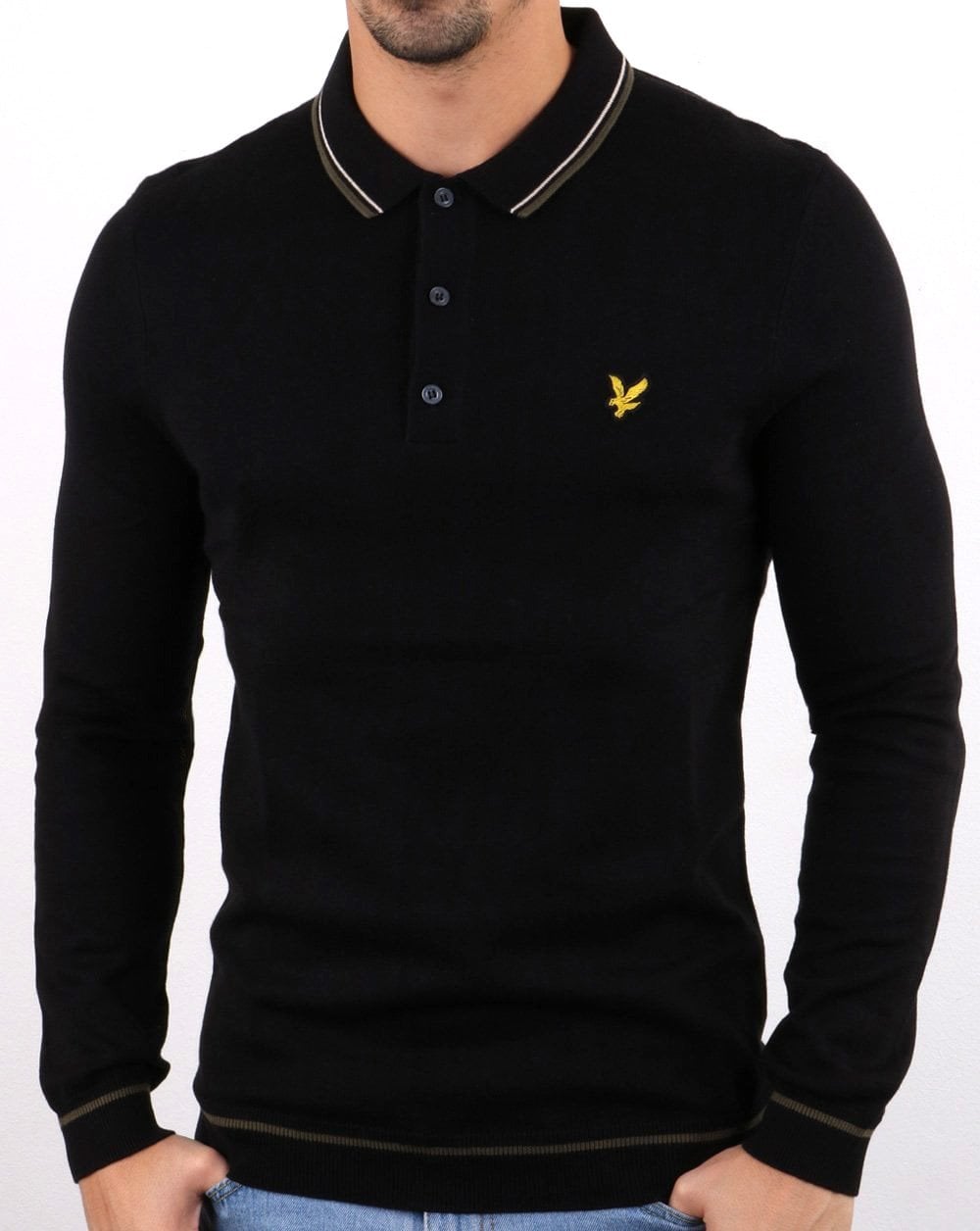 Lyle And Scott Gestricktes Langarm-Poloshirt in Schwarz