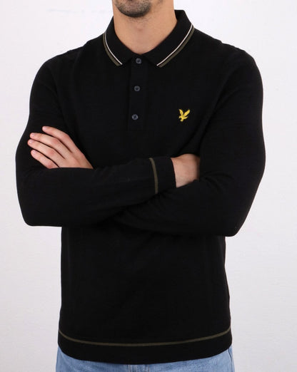 Lyle And Scott Gestricktes Langarm-Poloshirt in Schwarz