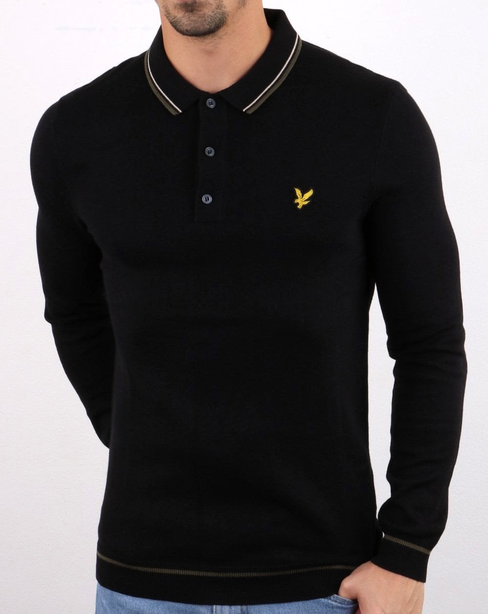 Lyle And Scott Gestricktes Langarm-Poloshirt in Schwarz