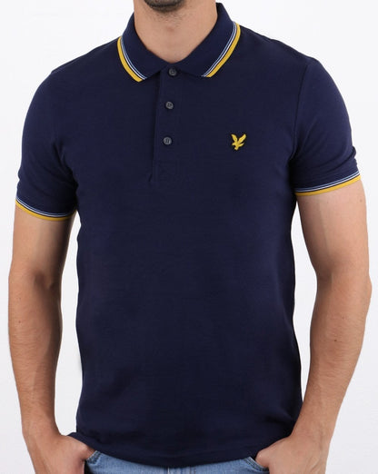 Lyle And Scott – Slim Fit-Poloshirt mit Streifen in Marineblau/Senfgelb