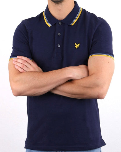 Lyle And Scott – Slim Fit-Poloshirt mit Streifen in Marineblau/Senfgelb