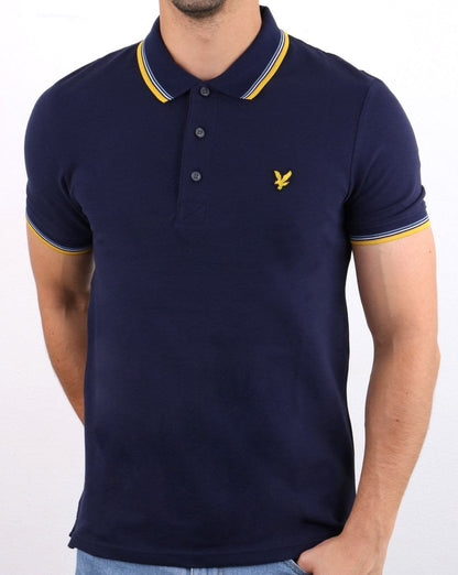 Lyle And Scott – Slim Fit-Poloshirt mit Streifen in Marineblau/Senfgelb