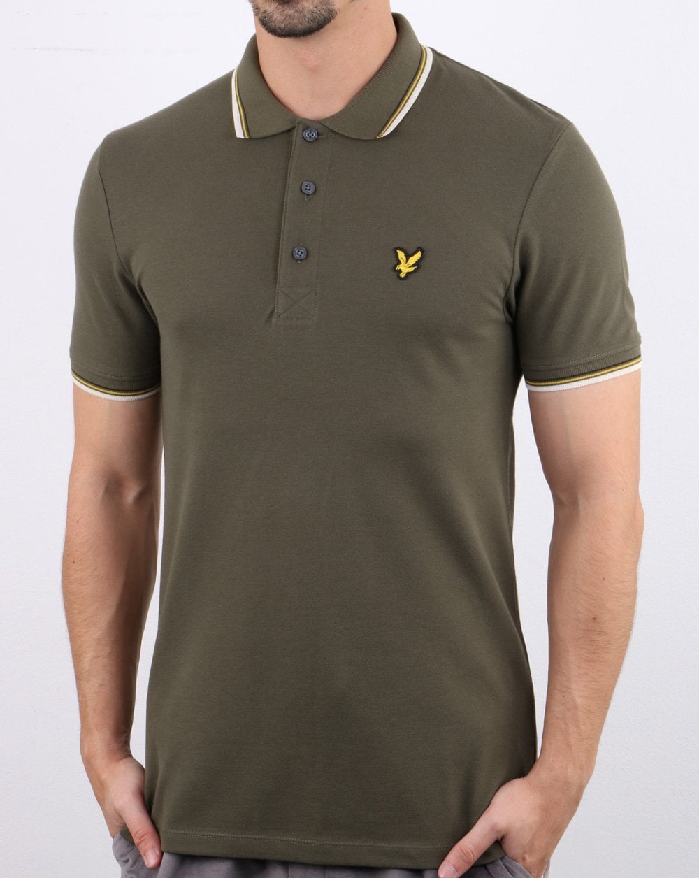Lyle And Scott – Slim Fit-Poloshirt mit Streifen in Olivgrün/Weiß