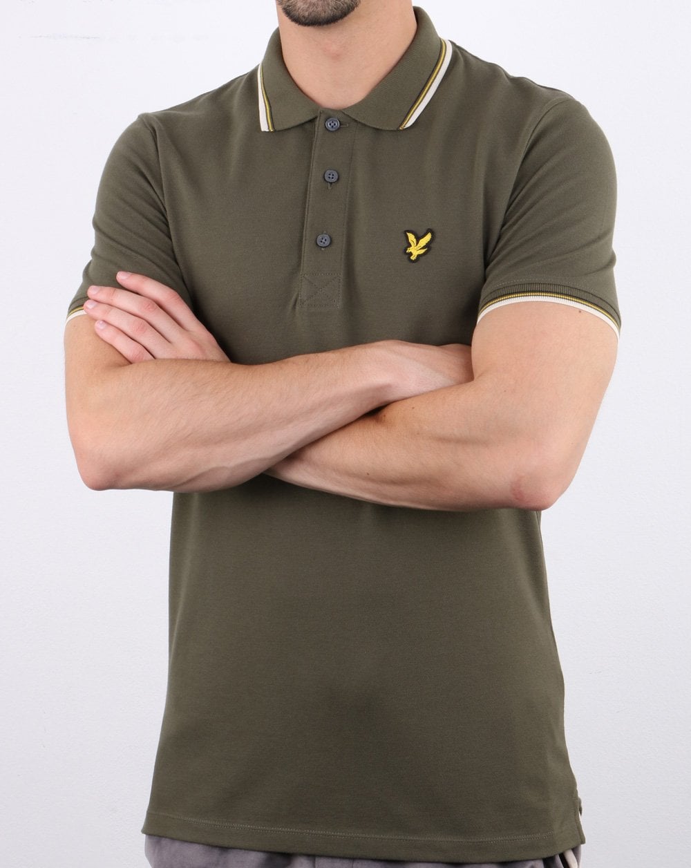 Lyle And Scott – Slim Fit-Poloshirt mit Streifen in Olivgrün/Weiß