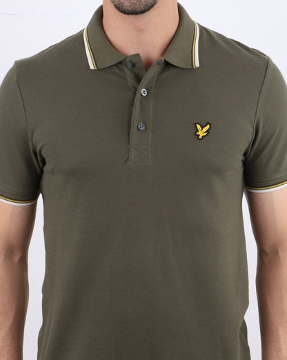 Lyle And Scott – Slim Fit-Poloshirt mit Streifen in Olivgrün/Weiß