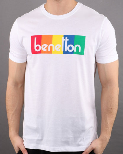 Benetton Box Logo T-Shirt Weiß/Mehrfarbig