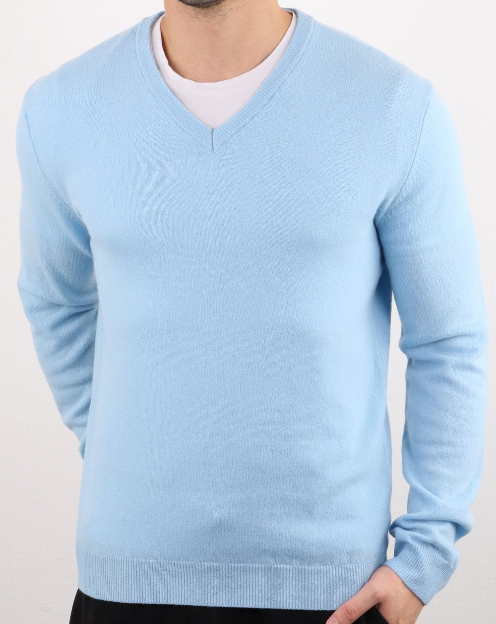 Benetton Pullover aus Merinowolle mit V-Ausschnitt Blau