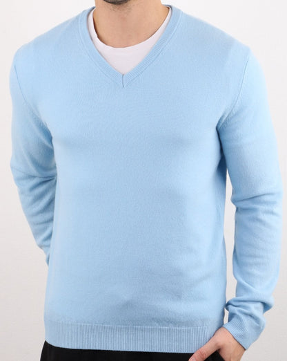 Benetton Pullover aus Merinowolle mit V-Ausschnitt Blau