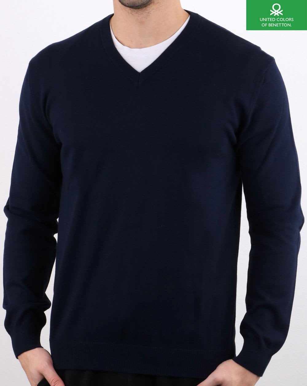 Benetton Baumwollpullover mit V-Ausschnitt, Marineblau