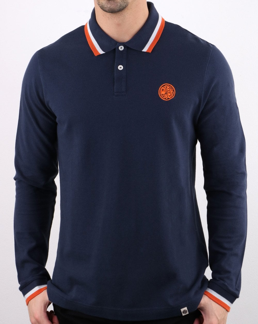 Pretty Green – Langärmliges Poloshirt mit Streifen in Marineblau