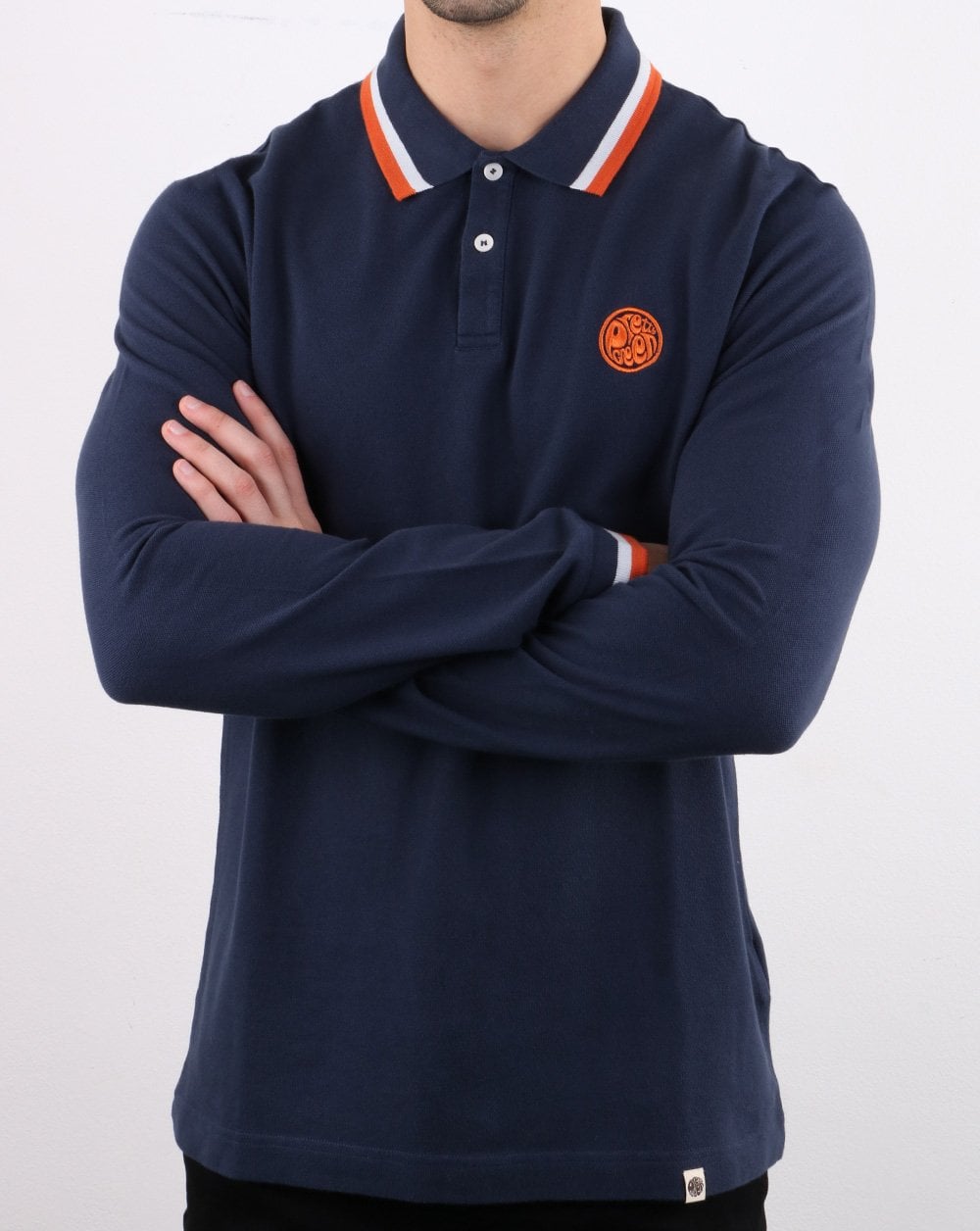 Pretty Green – Langärmliges Poloshirt mit Streifen in Marineblau
