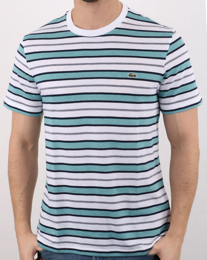 Lacoste Gestreiftes T-Shirt Weiß/Marineblau/Türkis