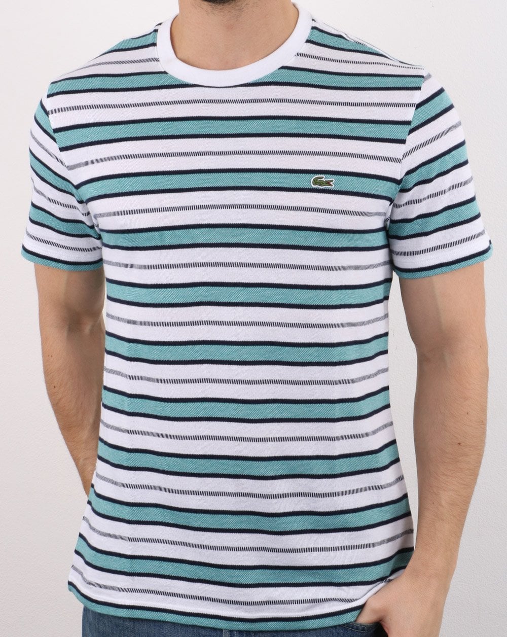 Lacoste Gestreiftes T-Shirt Weiß/Marineblau/Türkis