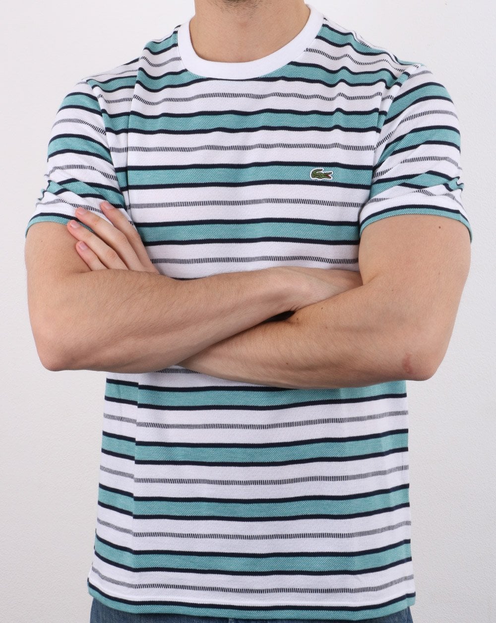 Lacoste Gestreiftes T-Shirt Weiß/Marineblau/Türkis