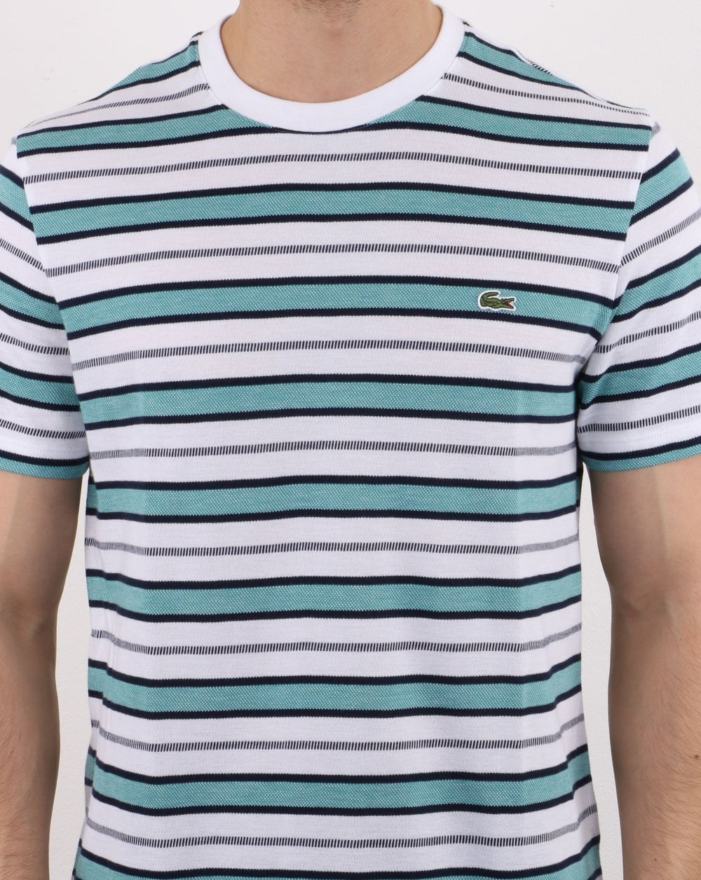 Lacoste Gestreiftes T-Shirt Weiß/Marineblau/Türkis