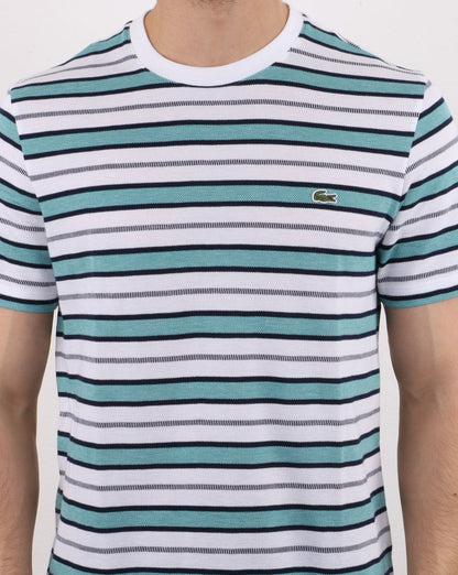 Lacoste Gestreiftes T-Shirt Weiß/Marineblau/Türkis