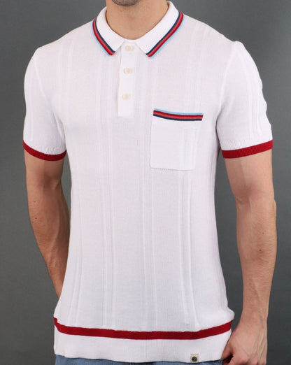 Pretty Green – Gestricktes Poloshirt mit Streifen und Tasche in Weiß