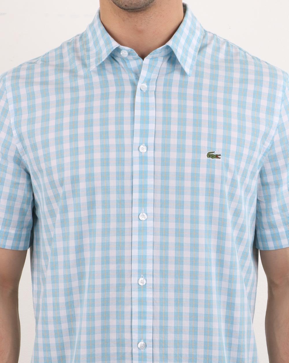 Lacoste Kurzarm-Karohemd Weiß/Hellblau