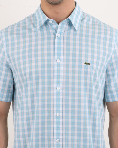 Lacoste Kurzarm-Karohemd Weiß/Hellblau