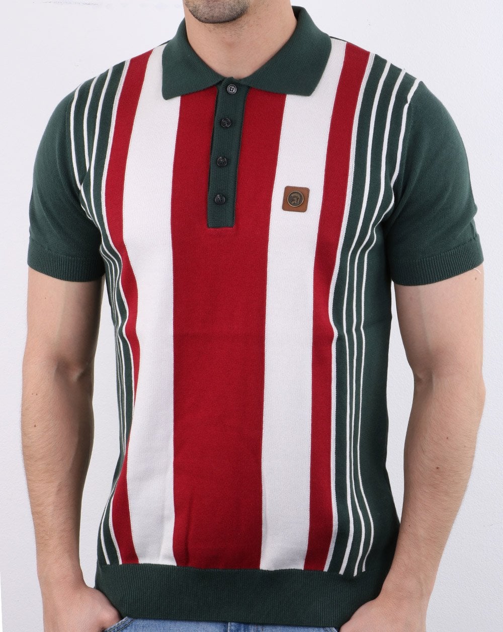 Trojan – Gestricktes Poloshirt mit Streifen in Waldgrün