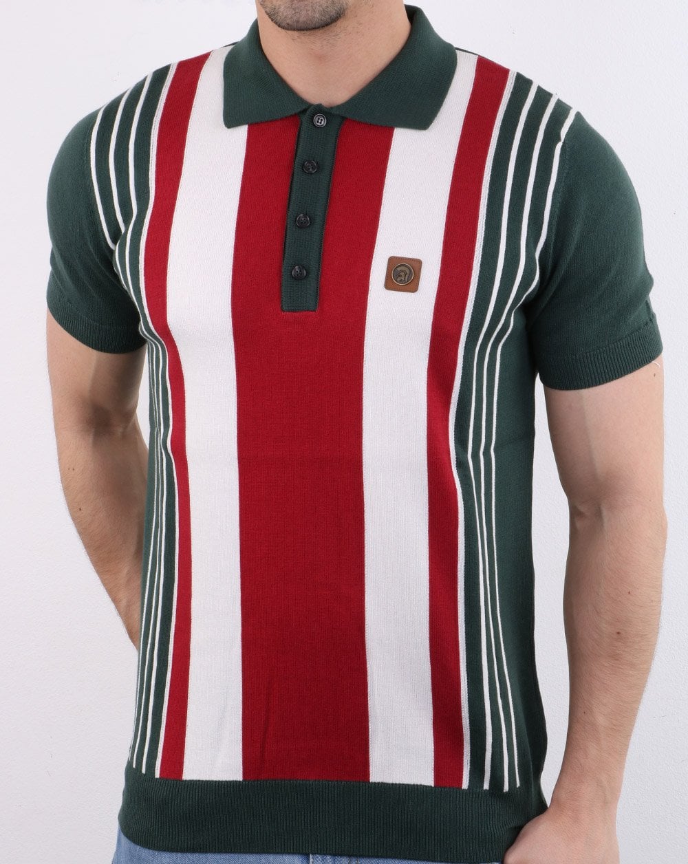 Trojan – Gestricktes Poloshirt mit Streifen in Waldgrün