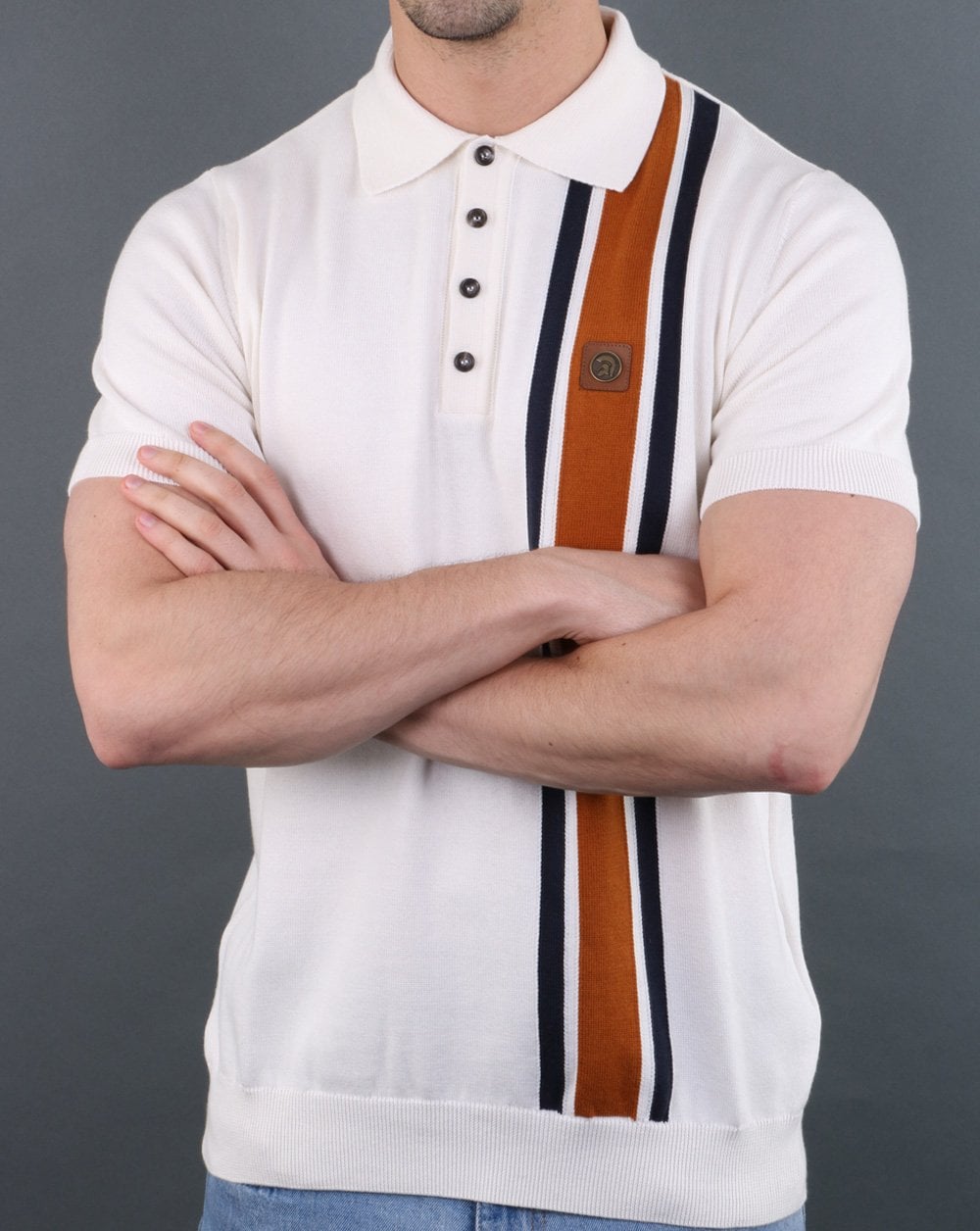 Trojan knitted Striped Polo Shirt Ecru