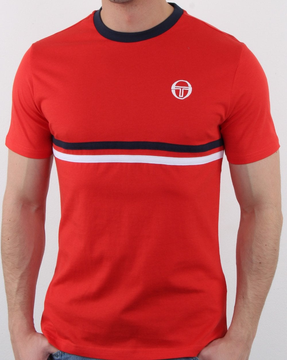 Sergio Tacchini T-Shirt mit zwei Streifen, Vintage-Rot/Marineblau