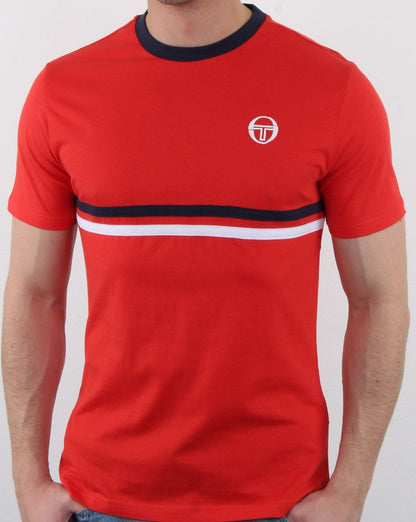 Sergio Tacchini T-Shirt mit zwei Streifen, Vintage-Rot/Marineblau