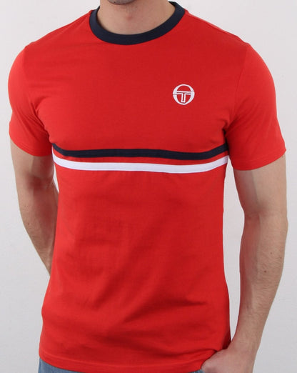 Sergio Tacchini T-Shirt mit zwei Streifen, Vintage-Rot/Marineblau