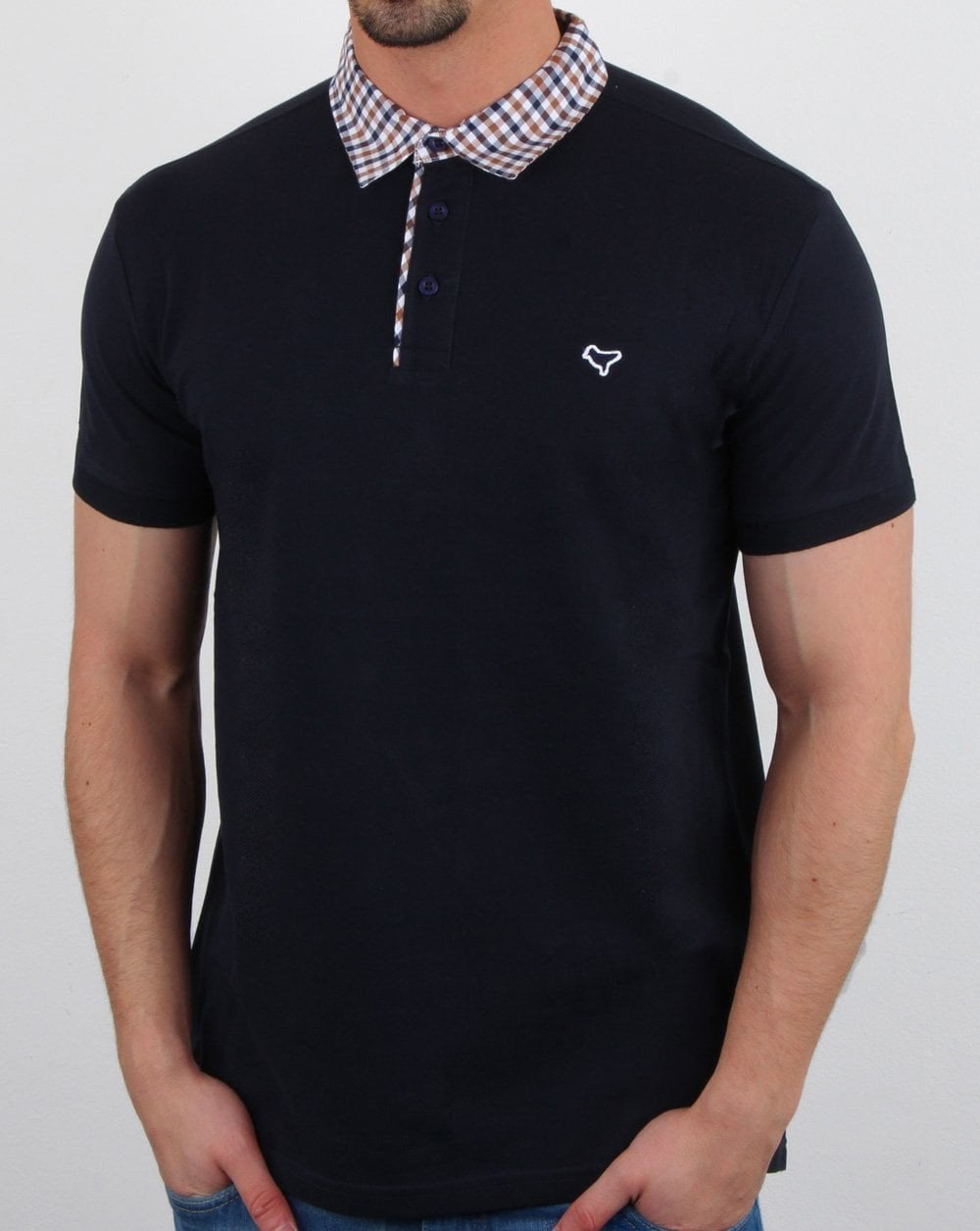 Weekend Offender – Kariertes Poloshirt mit Kragen in Marineblau