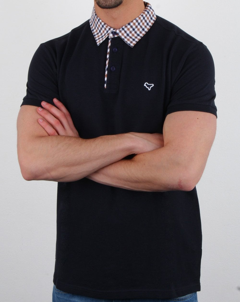 Weekend Offender – Kariertes Poloshirt mit Kragen in Marineblau