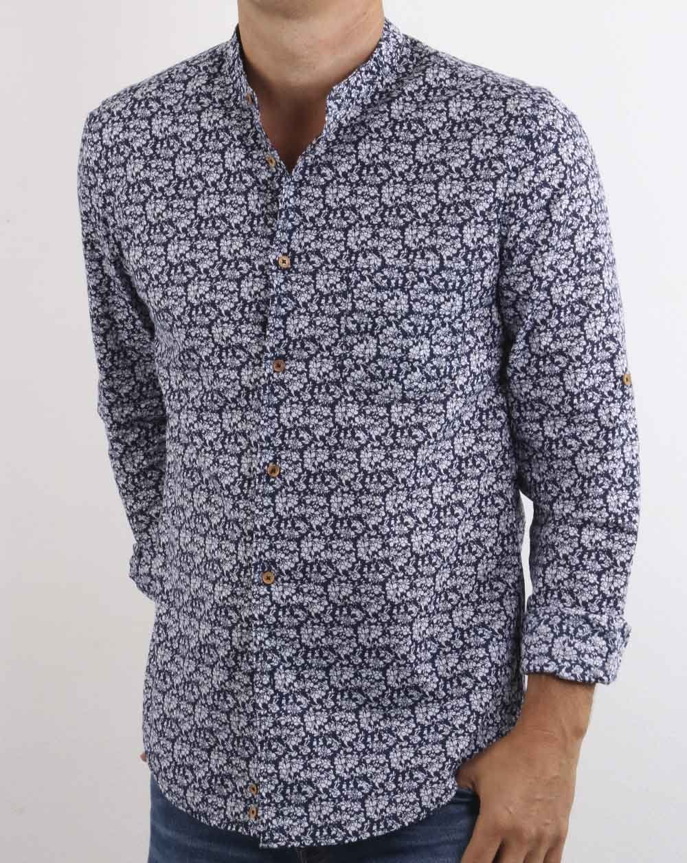Benetton Grandad Collar Floral Shirt Navy