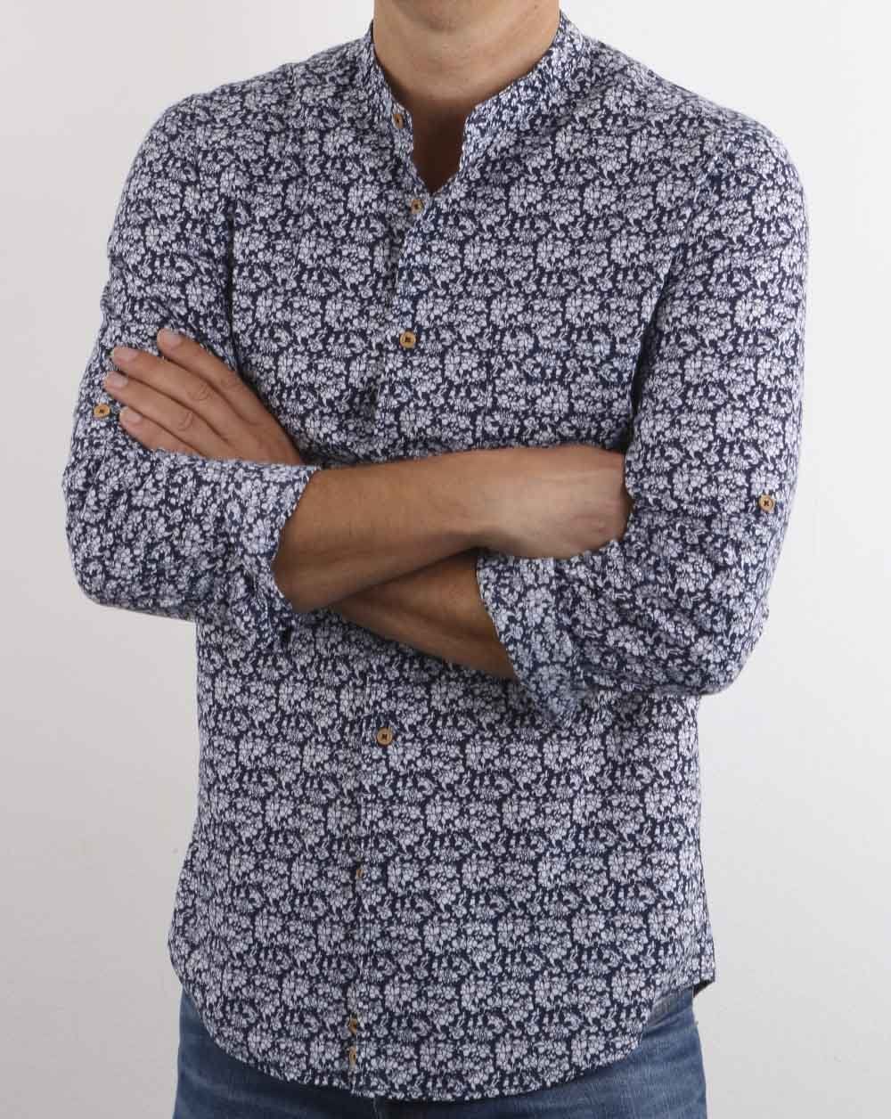 Benetton Grandad Collar Floral Shirt Navy