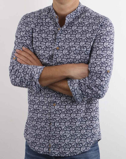 Benetton Hemd mit Grandad-Kragen und Blumenmuster, Marineblau