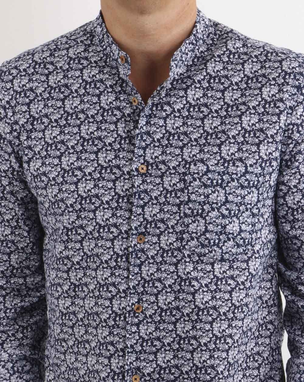 Benetton Hemd mit Grandad-Kragen und Blumenmuster, Marineblau