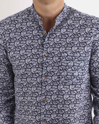 Benetton Hemd mit Grandad-Kragen und Blumenmuster, Marineblau