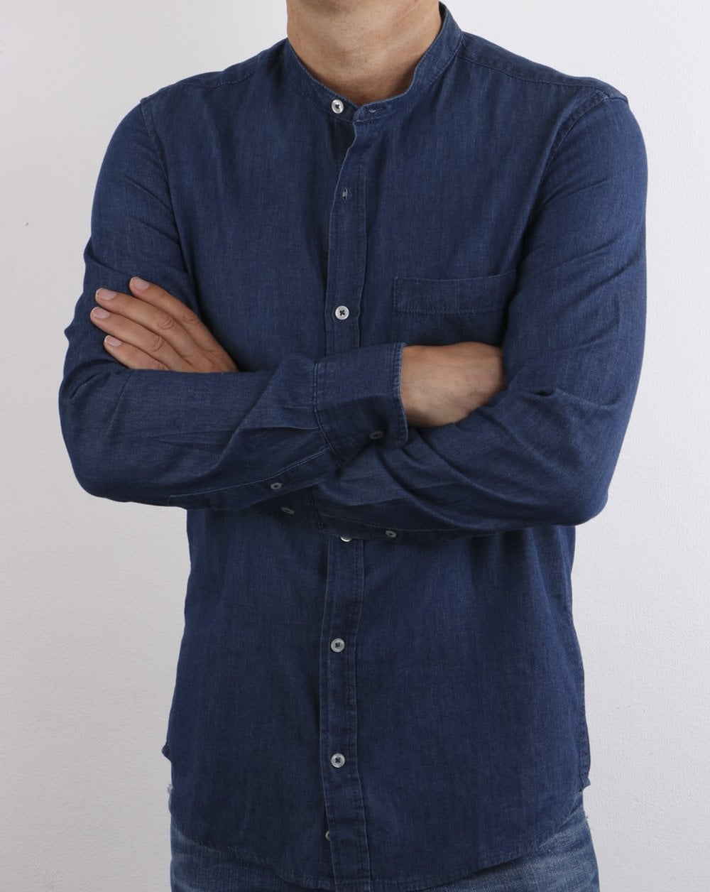 Benetton Hemd mit Grandad-Kragen, Denim