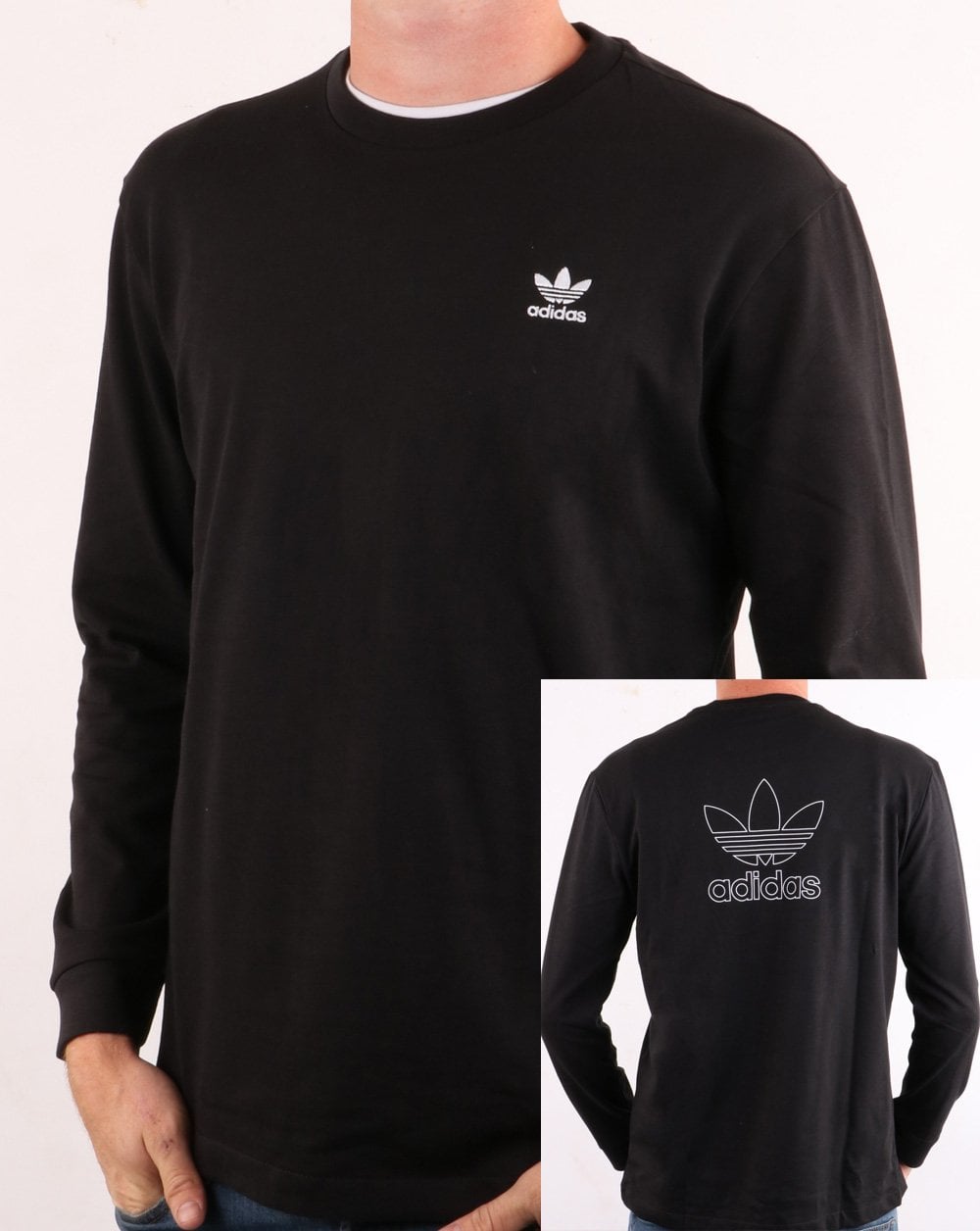 Adidas Originals – Langärmliges T-Shirt mit Trefoil-Print hinten und vorne in Schwarz