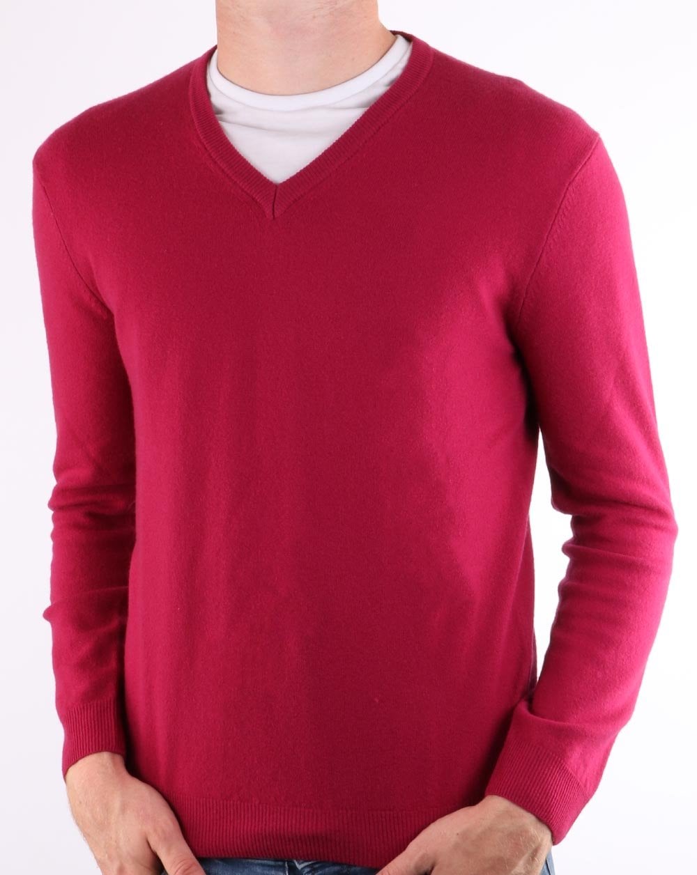 Benetton Pullover aus Merinowolle mit V-Ausschnitt Beere