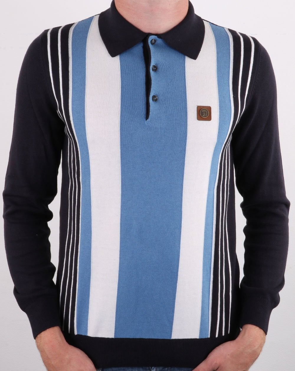 Trojan Multi-stripe Long Sleeve Knit Polo Navy